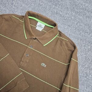 LACOSTE Mens Long Sleeve Polo Shirt Size 5 Large Brown Striped Green